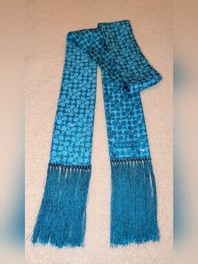 COACH Logo Print Scarf with Crystal Studs and Fringe Teal VGUC